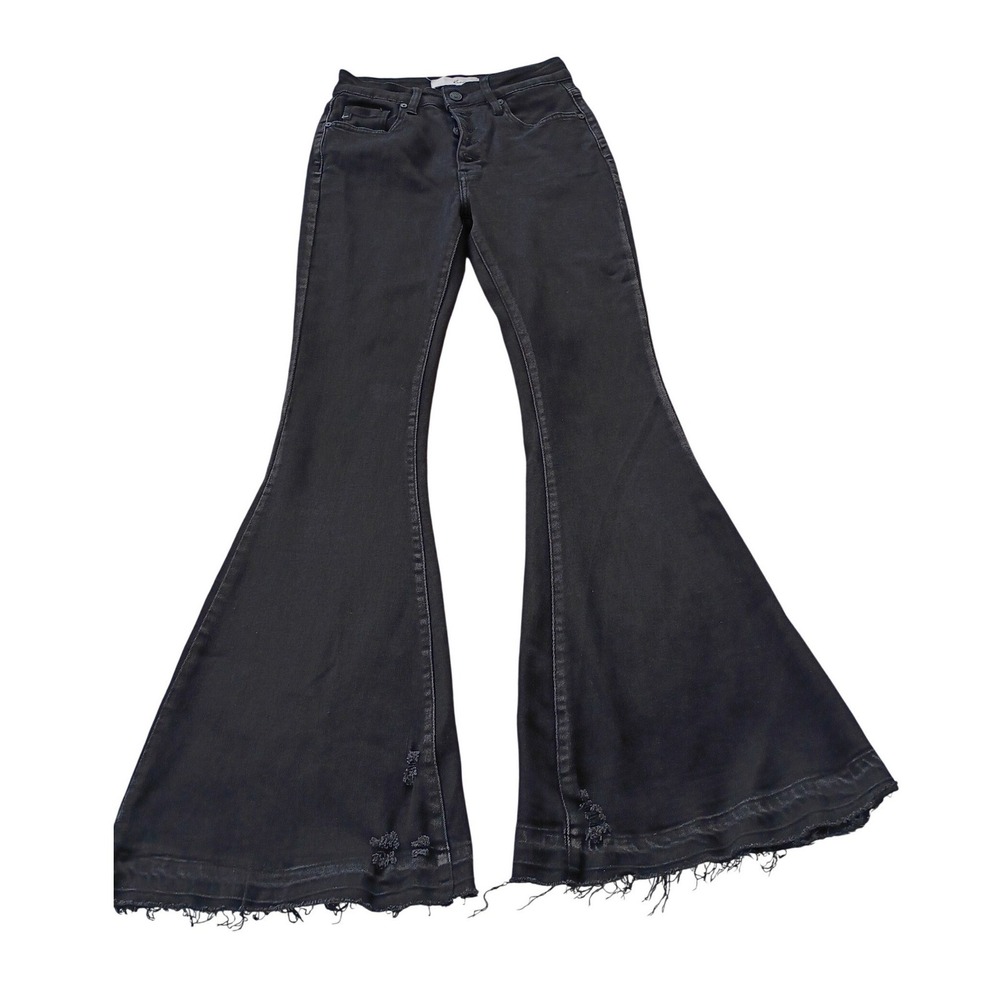 KANCAN Retro Disco Flare Bootcut Jeans Black Button Fly Raw Hem Tall 26x33T NWOT